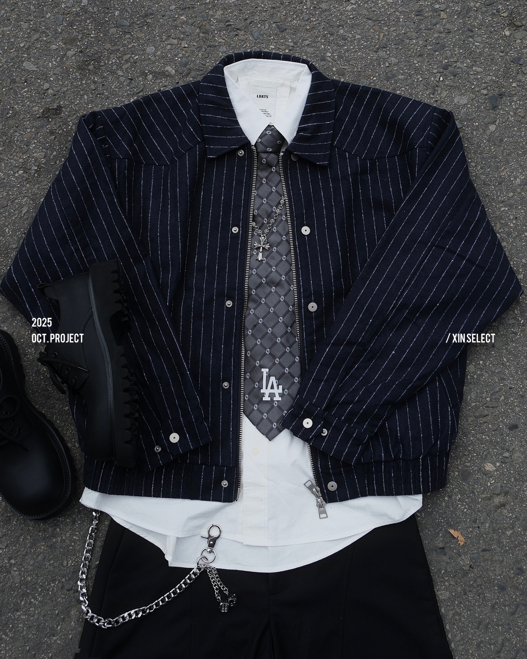 <限時特價🔥>XIN SELECT 條紋 銀扣 雙拉鍊 長袖 外套 深藍 CW1228