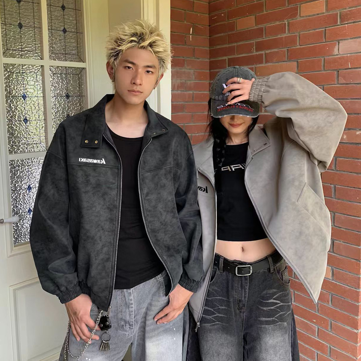 代購-Kawasaki川崎 美式復古 扎染 立領防風寬松 皮夾克外套 男女同款