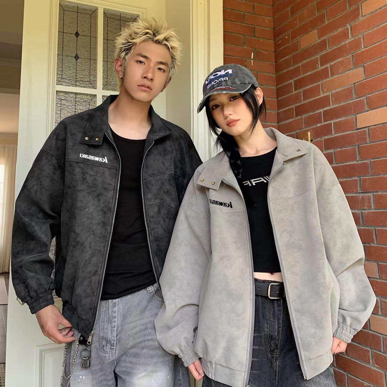 代購-Kawasaki川崎 美式復古 扎染 立領防風寬松 皮夾克外套 男女同款