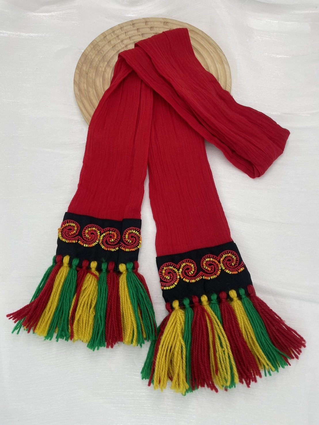 No.30紅棉紗布珠繡頭巾.面寬7全長含流蘇110