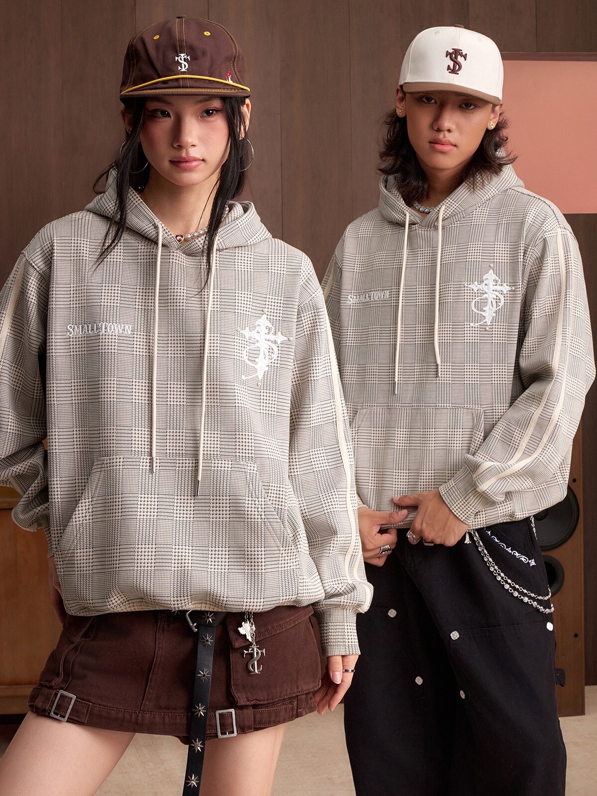 STK SmallTownKid 千鳥格 復古老錢風 抽繩連帽 帽T
