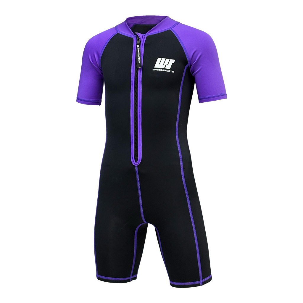 2/1mm 兒童 CR & 抓毛游泳保暖連身衣 - 黑/紫