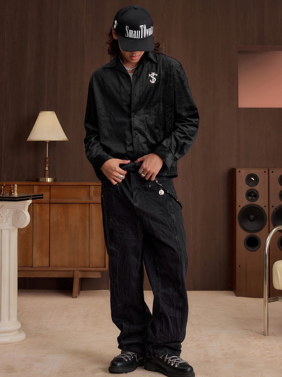 STK SmallTownKid 復古滿印 壓花絲絨 休閒鈕扣襯衫