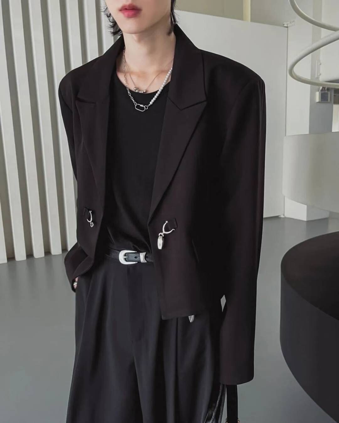 『RB』韓國 正韓 BOXY 寬短 開襟西裝 金屬扣環 素面 長袖 外套