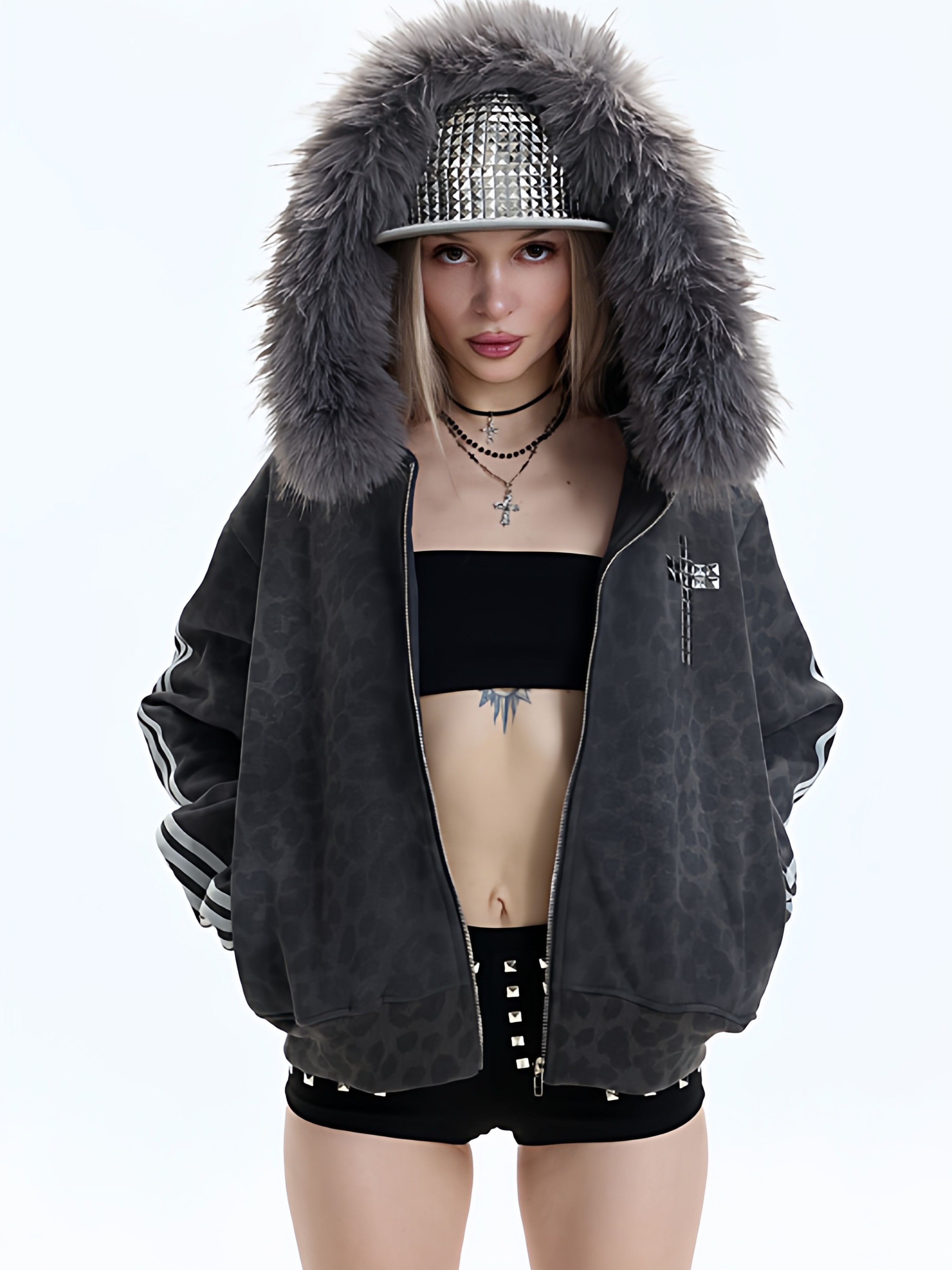 ArtByTastybabe可拆卸毛領 水洗做舊龐克豹紋 加絨套裝