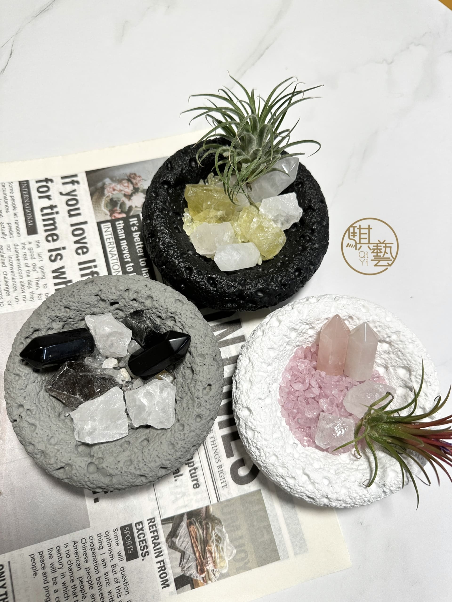 聚寶盆栽｜黃水晶黑聚寶盆・粉水晶白聚寶盆・黑曜灰聚寶盆