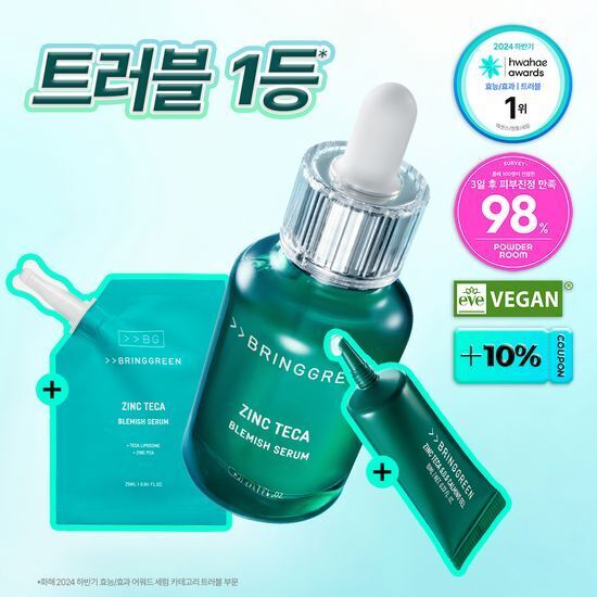 BRINGGREEN 鋅積雪草修護精華 50ml +25mL補充裝 (+10ml 局部修護凝膠)