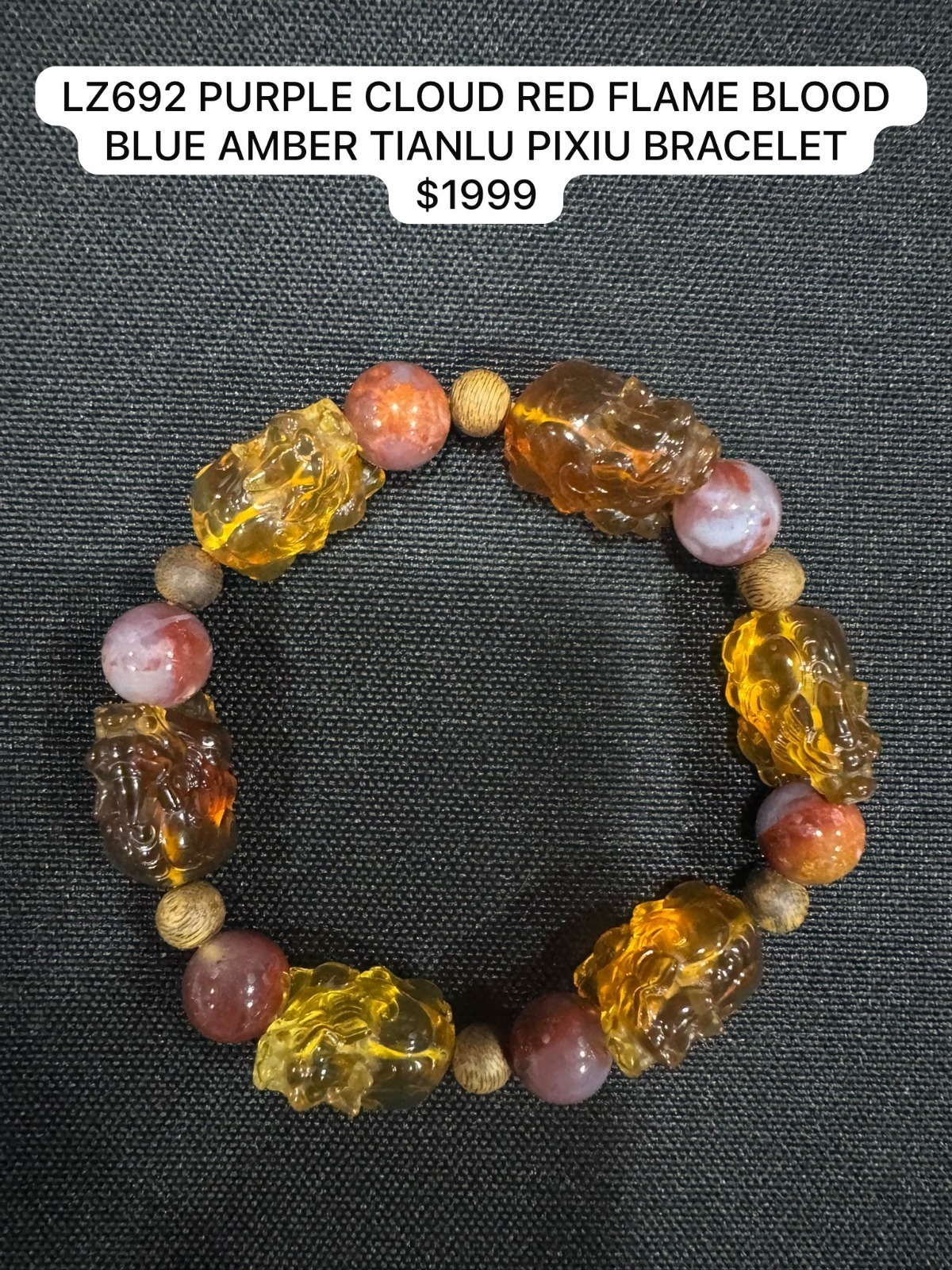 1 LZ692 PURPLE CLOUD RED FLAME BLOOD BLUE AMBER TIANLU PIXIU BRACELET