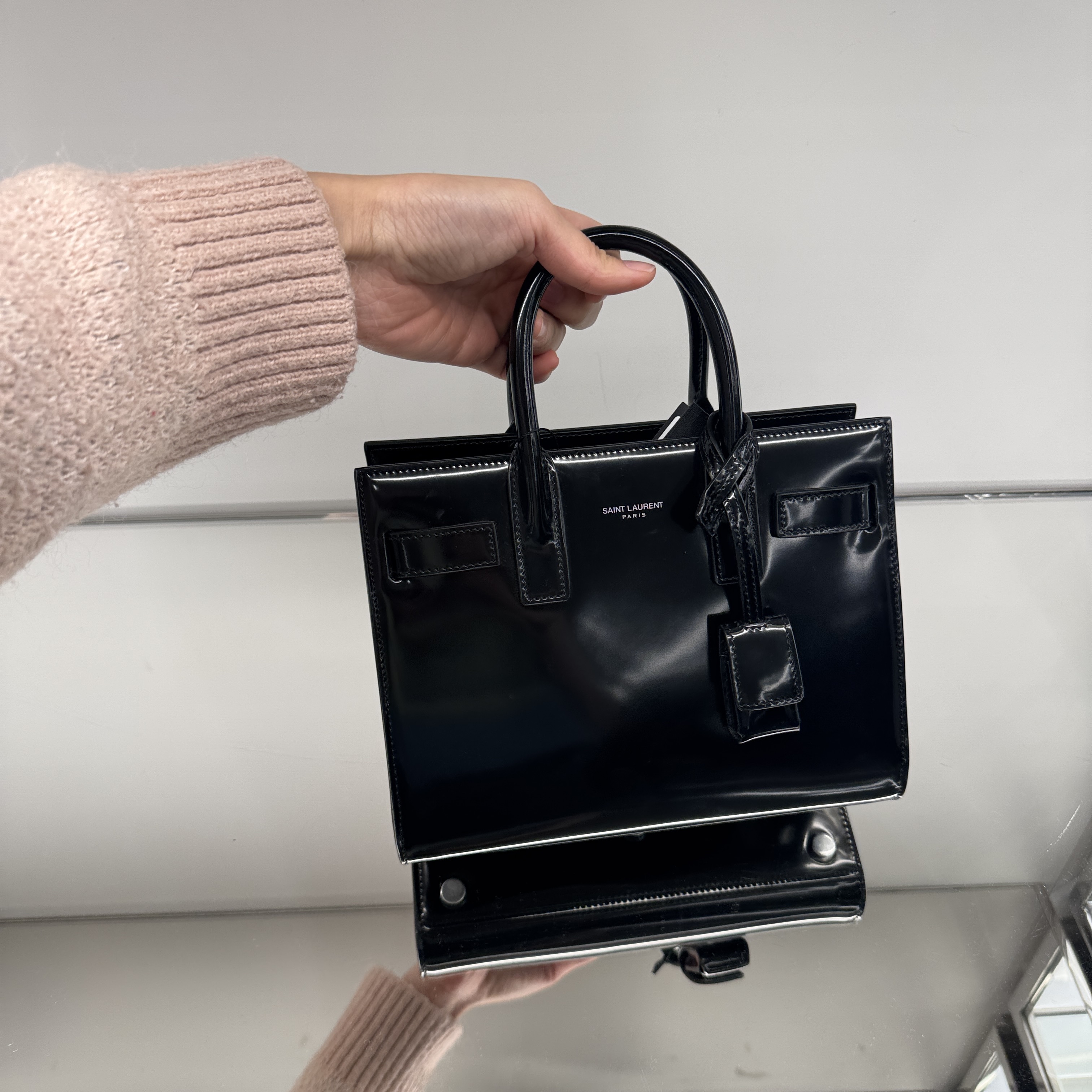 Saint Laurent YSL Sac De Jour Nano patent Top Handle Bag black 398711