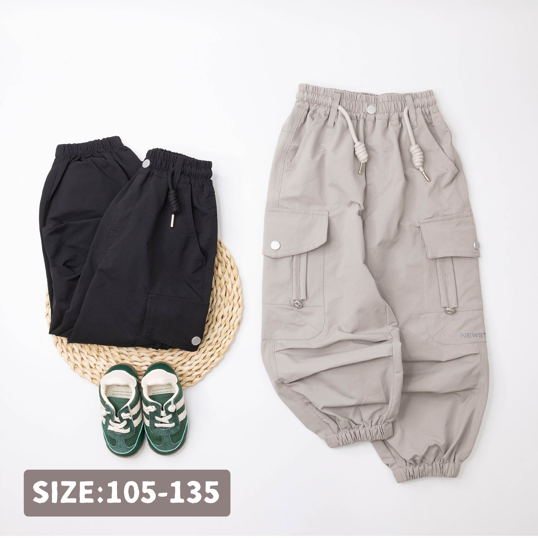 【H55345】潮流裝飾鈕釦束繩工裝縮口褲＊二色