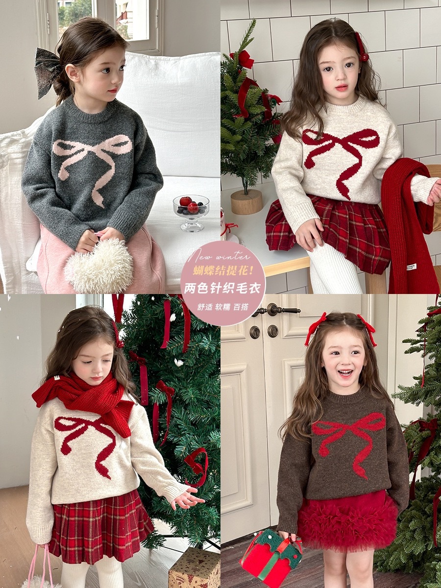 三色緞帶蝴蝶結針織毛衣