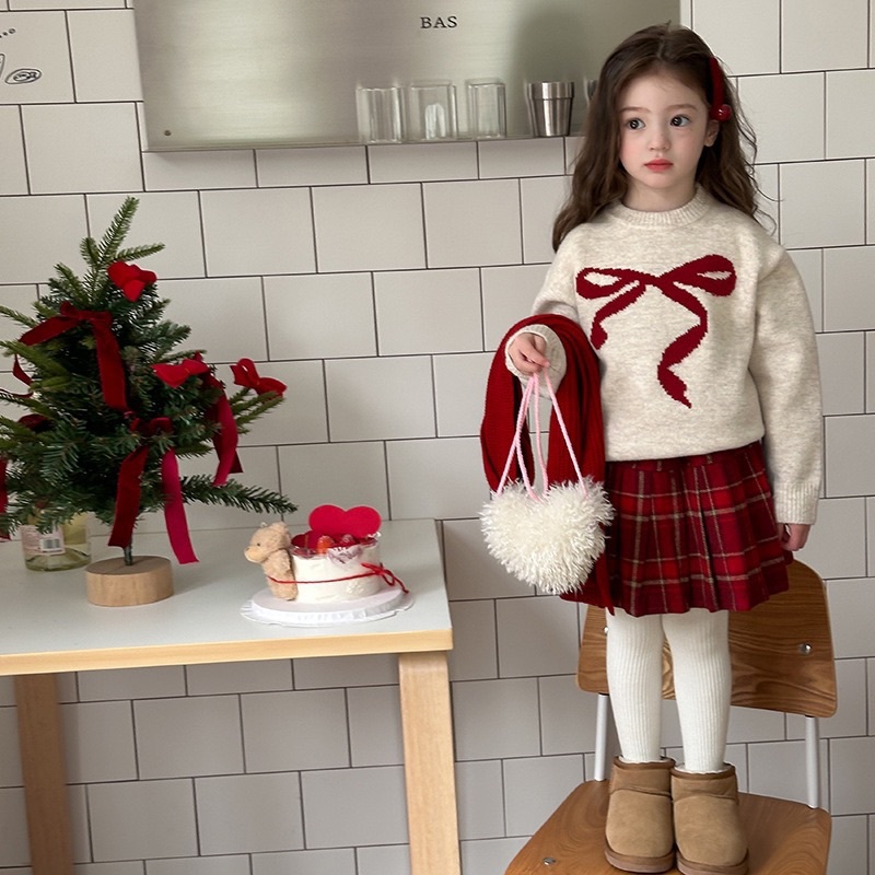 三色緞帶蝴蝶結針織毛衣