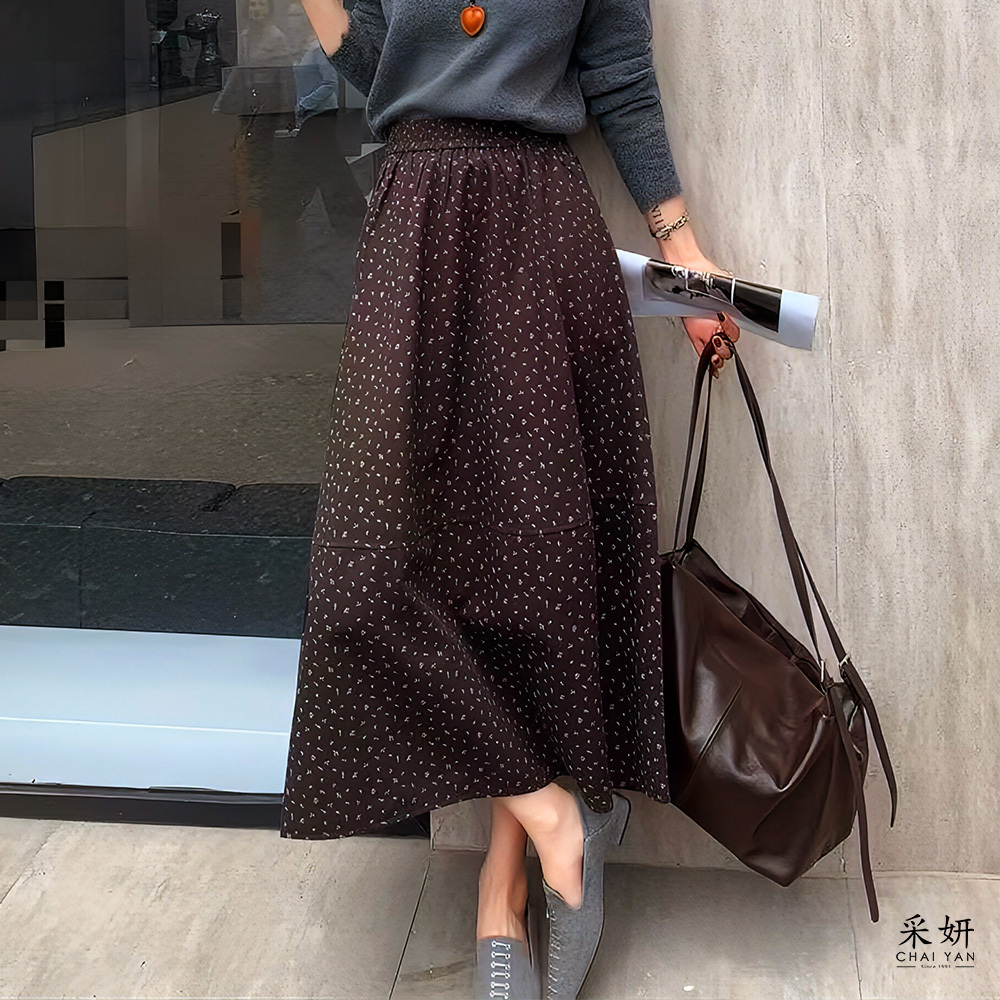 植物碎花鬆緊腰A字長裙