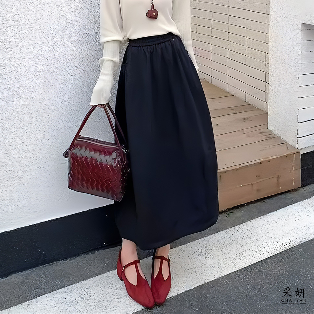 小綴飾壓摺鬆緊腰A字長裙