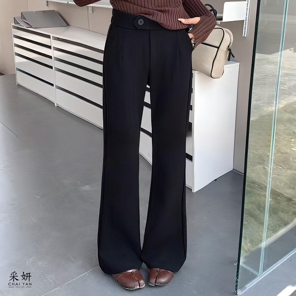 裝飾鈕扣後腰鬆緊喇叭長褲