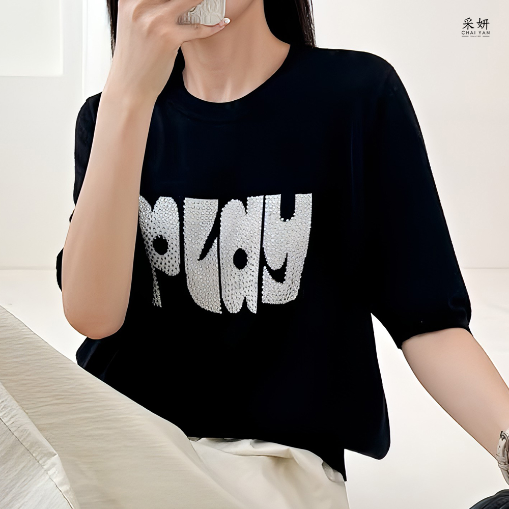 跳色水鑽字母針織圓領半袖上衣