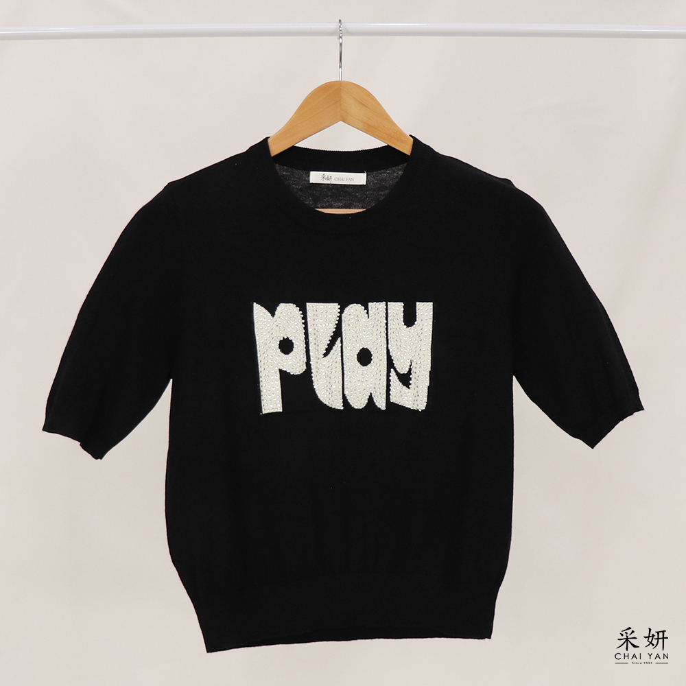 跳色水鑽字母針織圓領半袖上衣