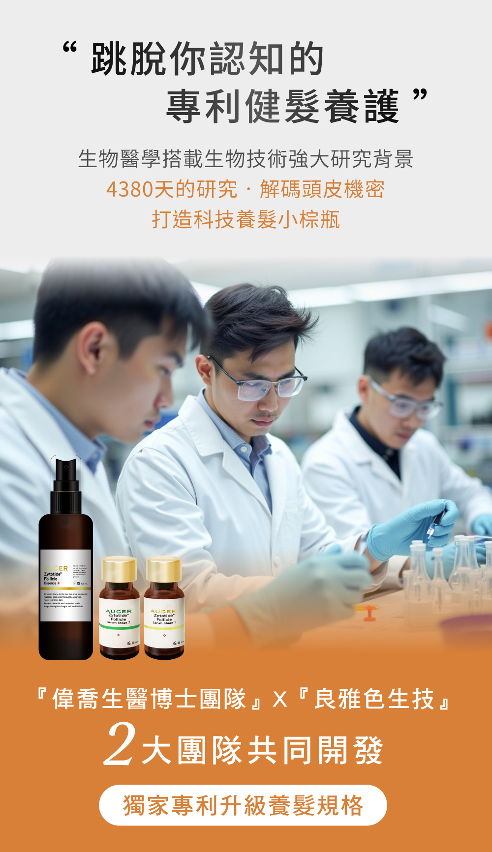 跳脫你認知的,專利健髮養護,生物醫學搭載生物技術強大研究背景,4380天的研究,解碼頭皮機密,打造科技養髮小棕瓶,偉喬生醫博士團隊,良雅色生技,2大團隊共同開發,獨家專利升級養髮規格