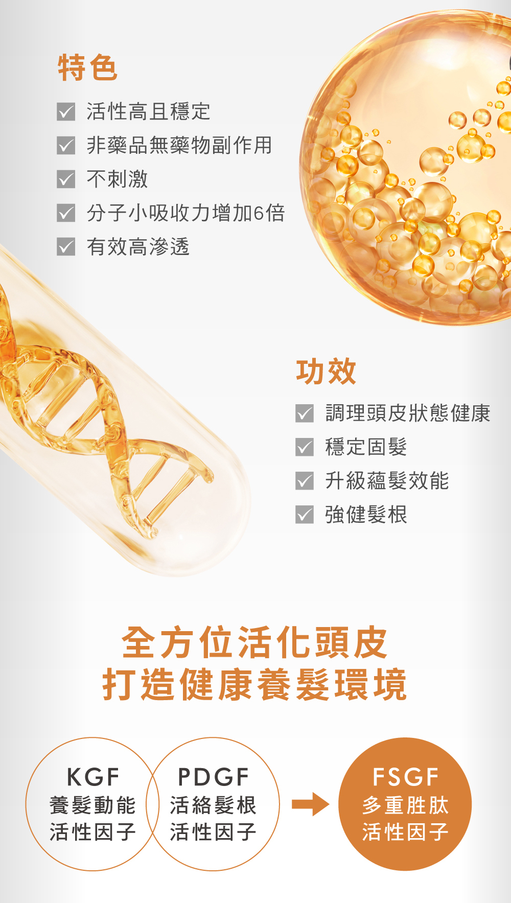 特色,活性高且穩定,非藥品無藥物副作用,不刺激,分子小吸收力增加6倍,有效高滲透,功效,調理頭皮狀態健康,穩定固髮,升級蘊髮效能,強健髮根,全方位活化頭皮,打造健康養髮環境,KGF養髮動能活性因子,PDGF活絡髮根,活性因子,FSGF多重胜肽活性因子