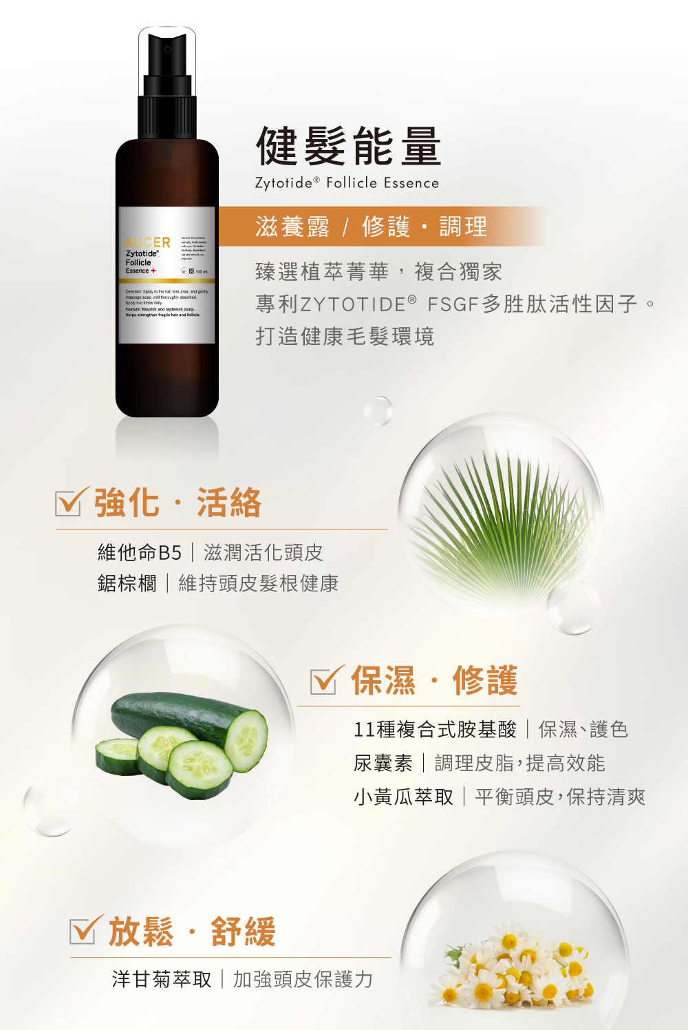 健髮能量,滋養露,修護,調理,臻選植萃菁華,複合獨家,專利ZYTOTIDE,FSGF,多胜肽活性因子,打造健康毛髮環境,強化,活絡,維他命B5,鋸棕櫚,滋潤活化頭皮,維持頭皮髮根健康,保濕,修護,11種複合式胺基酸,保濕,護色,尿囊素,調理皮脂,提高效能,小黃瓜萃取,平衡頭皮,保持清爽,放鬆,舒緩,洋甘菊萃取,加強頭皮保護力