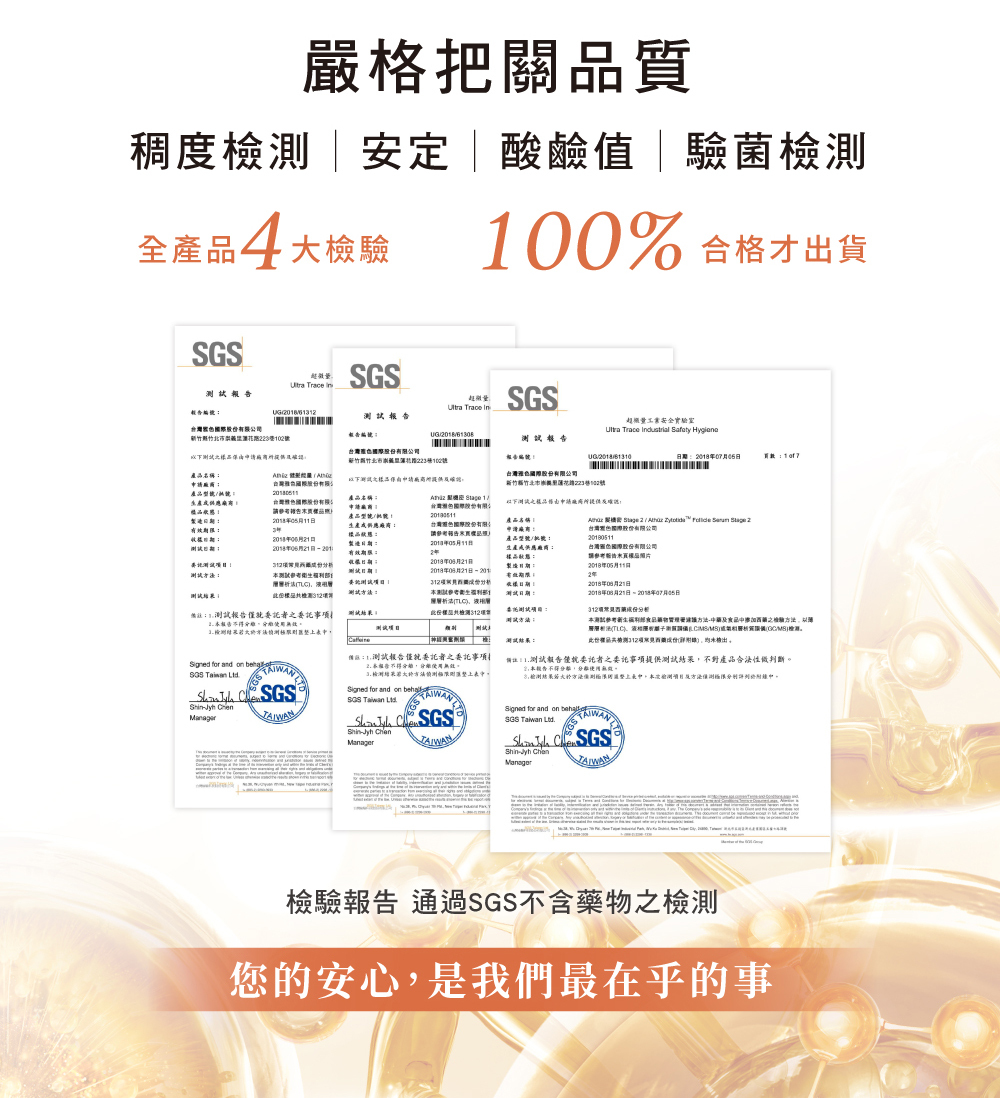 嚴格把關品質,稠度檢測,安定,酸鹼值,驗菌檢測,全產品4大檢驗,100%合格才出貨,檢驗報鋯,通過SGS不含藥物之檢測,您的安心,是我們最在乎的事