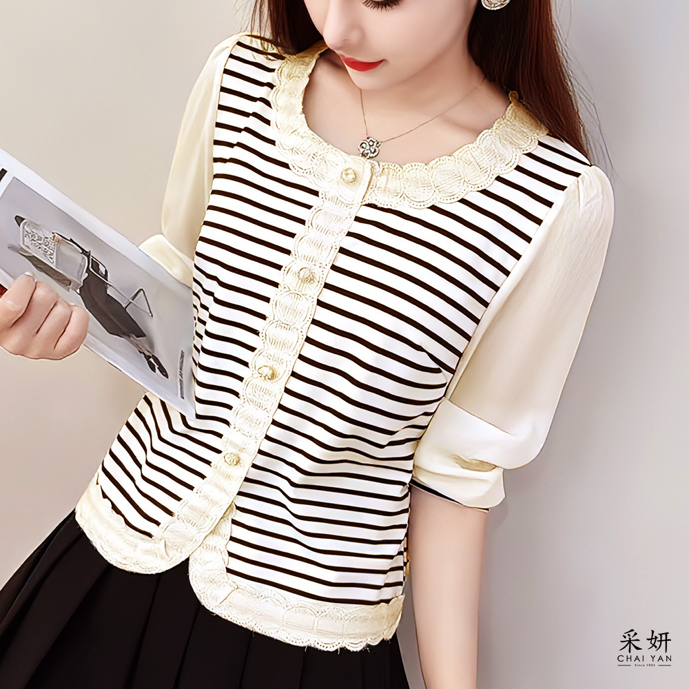 橫條紋圓領薄紗拼接長袖上衣