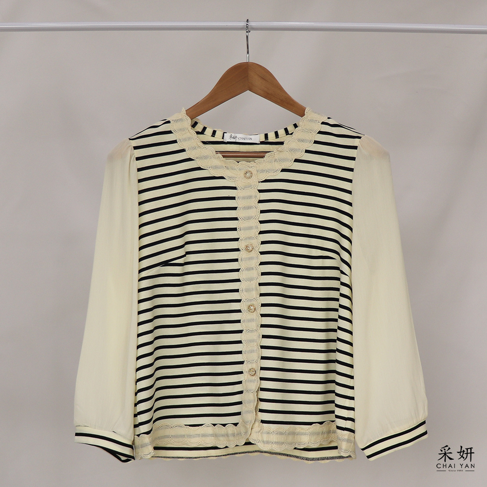 橫條紋圓領薄紗拼接長袖上衣