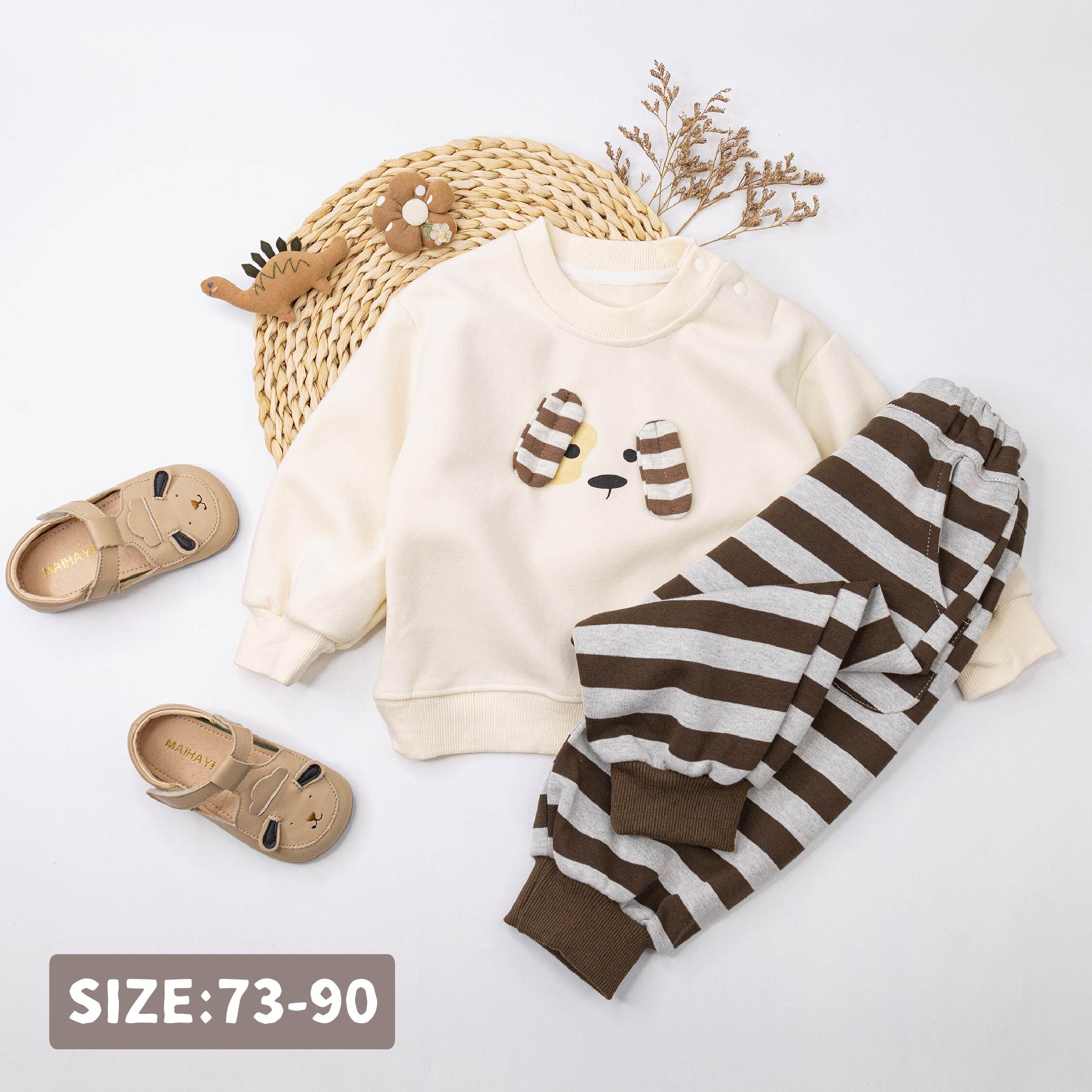 【H55430】呆萌狗立體耳朵條紋套裝