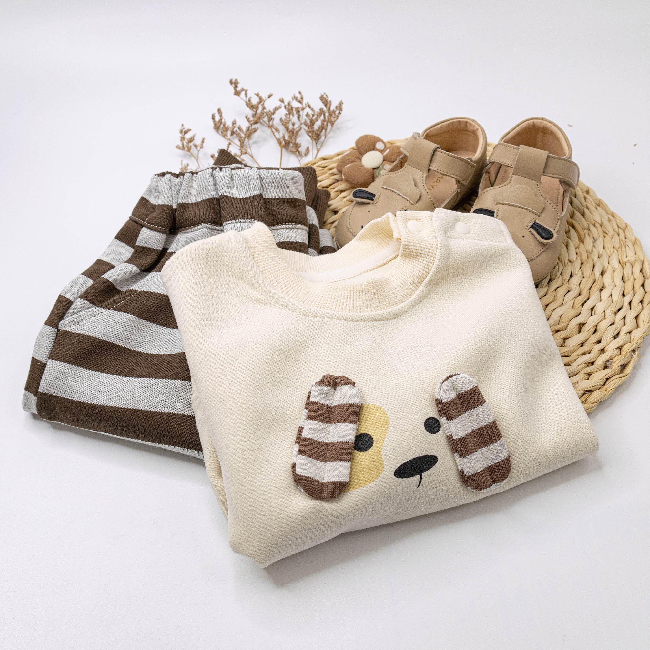 【H55430】呆萌狗立體耳朵條紋套裝