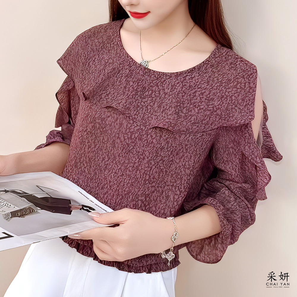 碎花雪紡荷葉圓領薄紗露肩長袖上衣