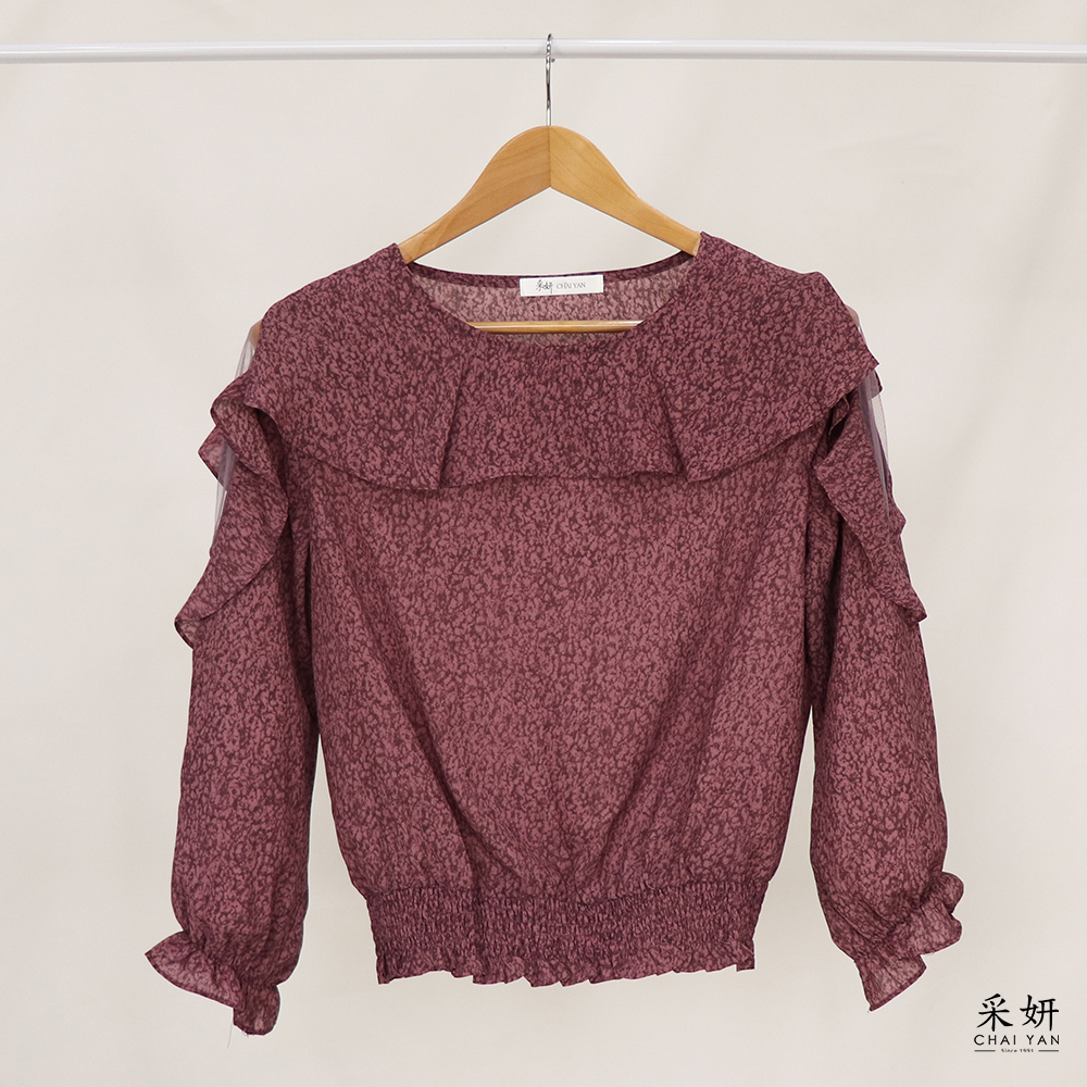 碎花雪紡荷葉圓領薄紗露肩長袖上衣