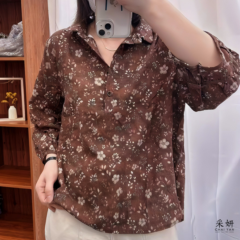 植物碎花POLO領七分袖上衣