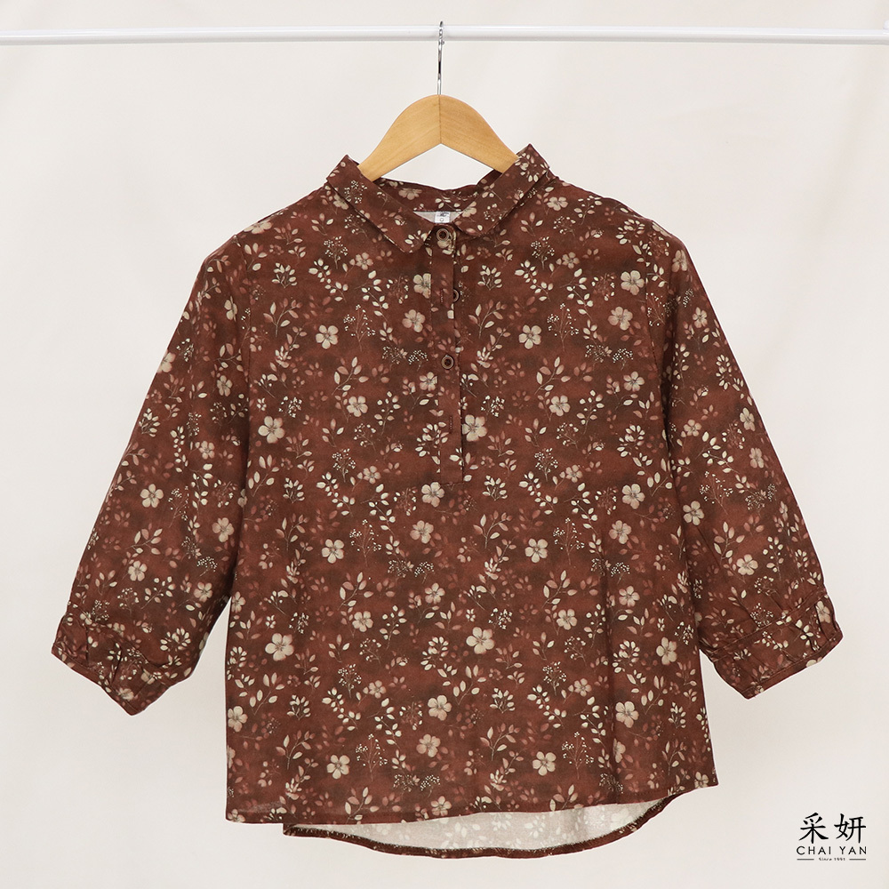 植物碎花POLO領七分袖上衣