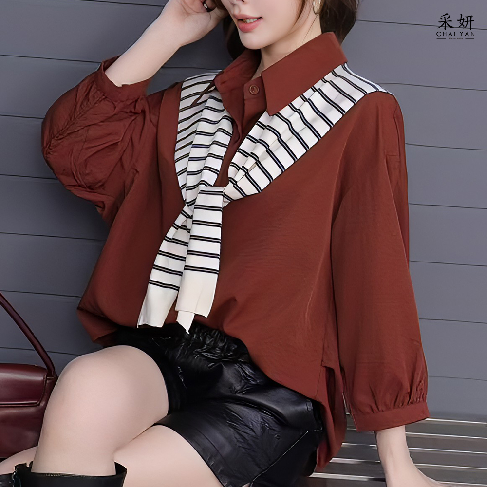 素色落肩雪紡長袖襯衫上衣