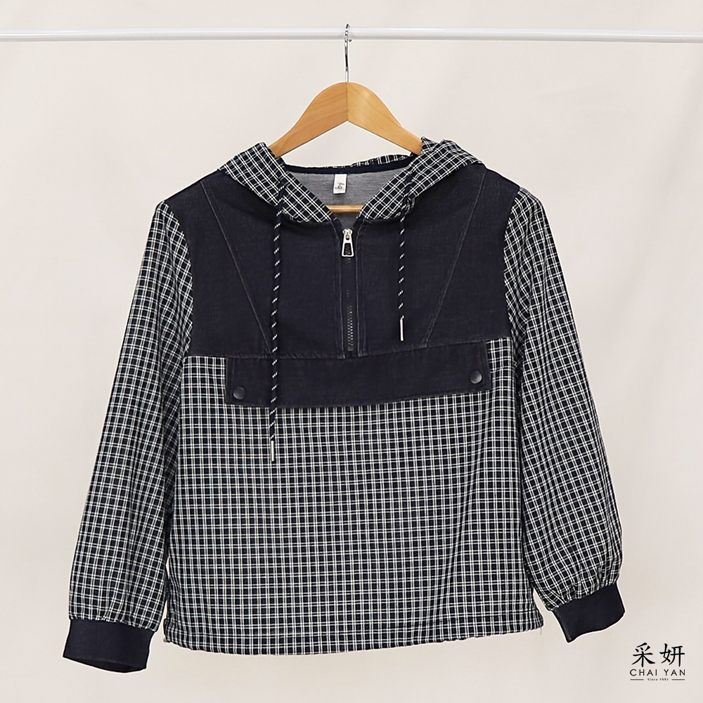 格紋異布料拼接拉鍊連帽長袖上衣