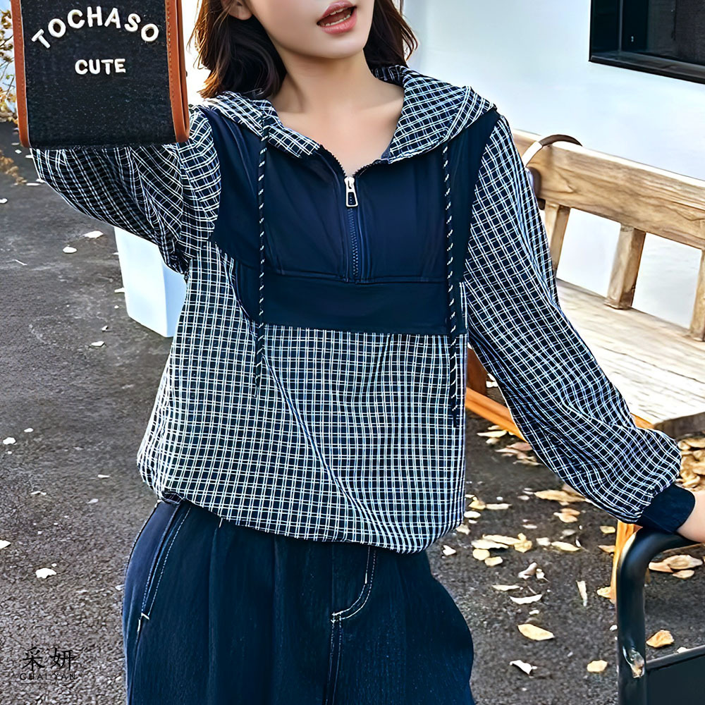 格紋異布料拼接拉鍊連帽長袖上衣