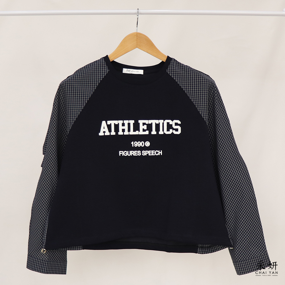 無肩線字母膠印格紋拼接圓領長袖上衣