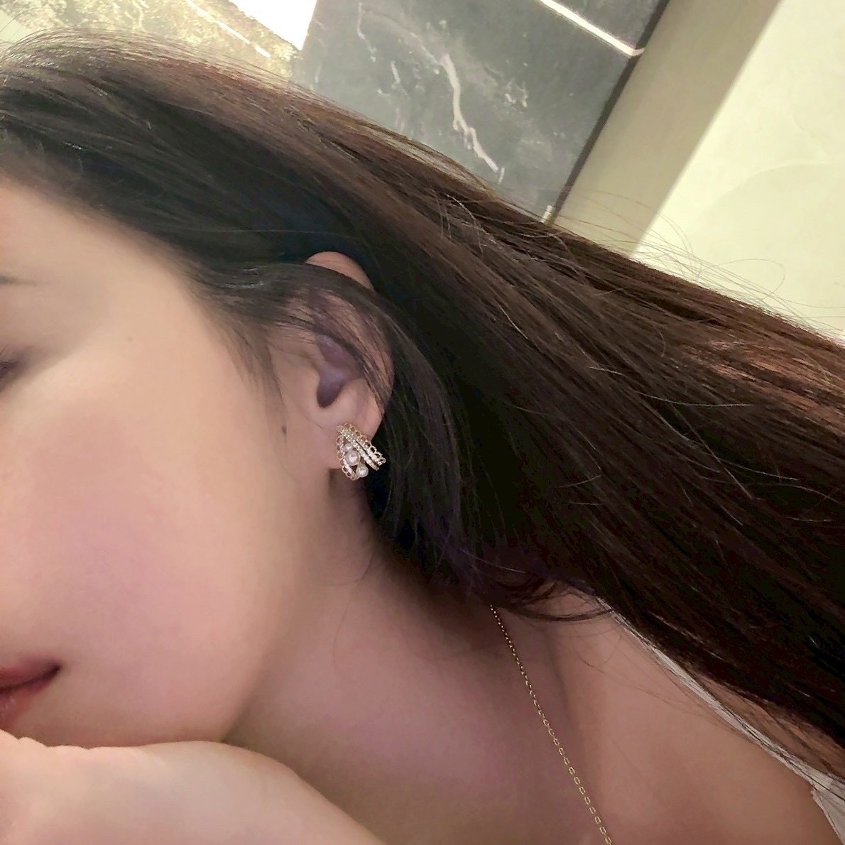 Cinderella高級獨特金蕾絲鑽”白珍珠耳釘