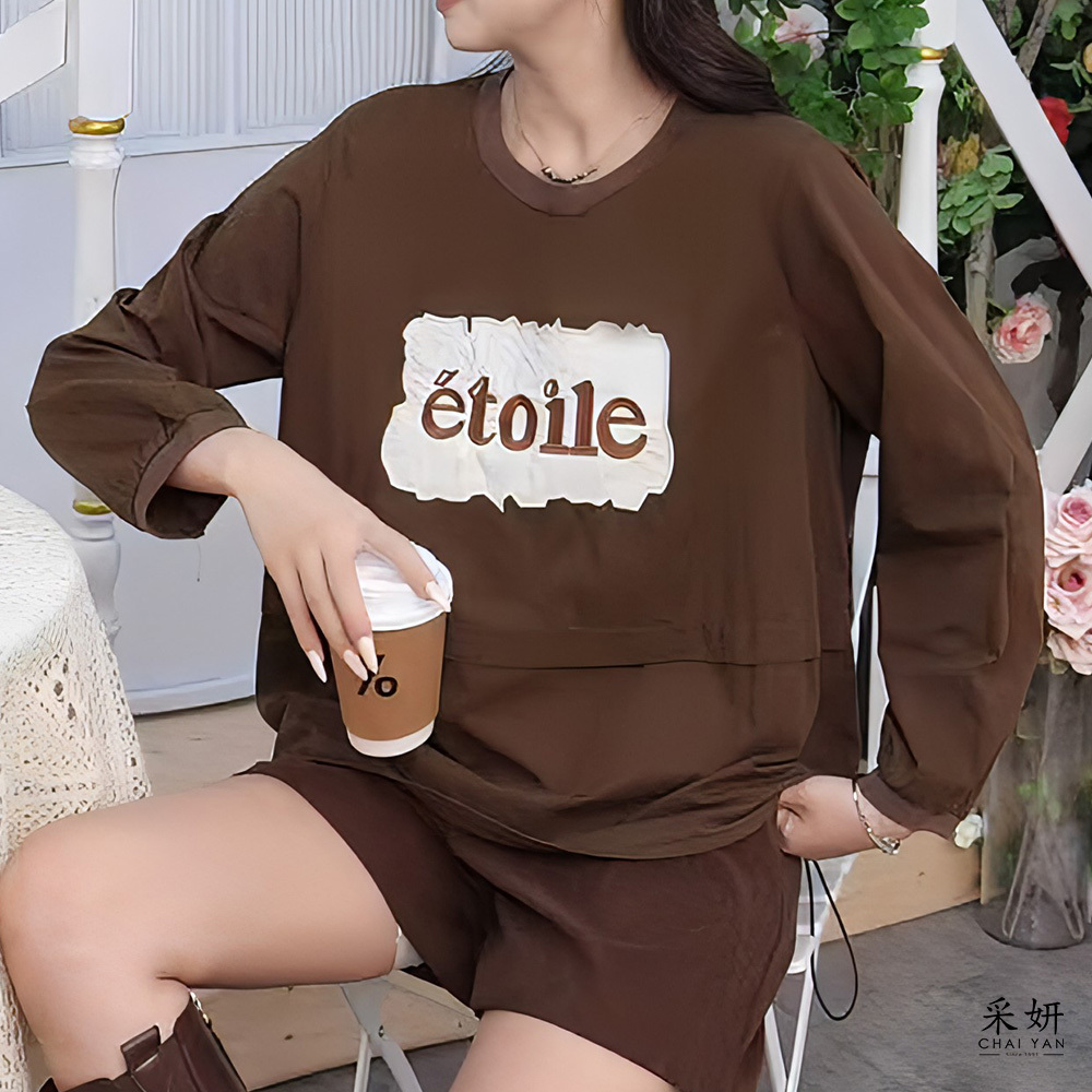 跳色字母刺繡圓領長袖上衣