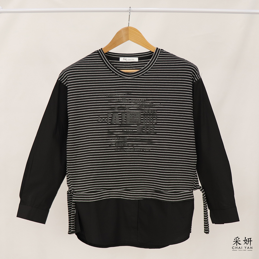 落肩字母印花條紋拼接圓領長袖上衣