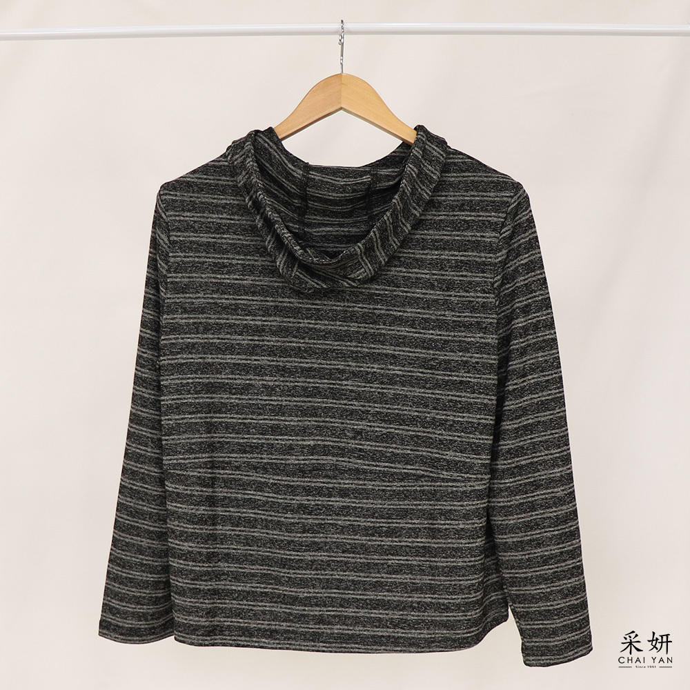 條紋羅紋滾邊連帽長袖上衣