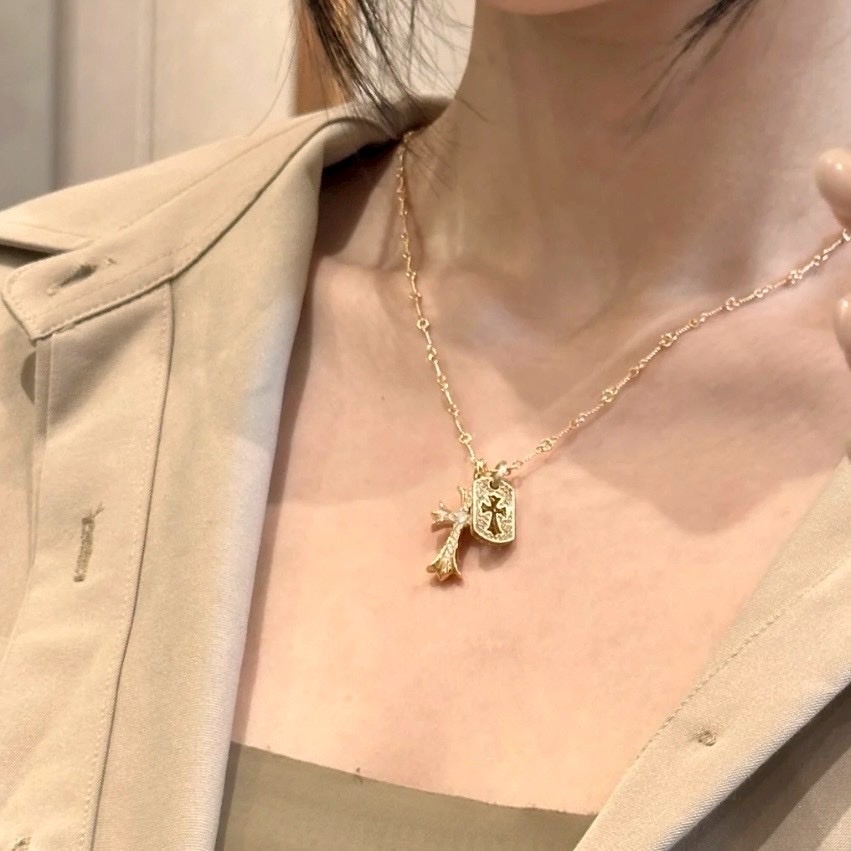 18k”Chrome雙十字架墜鏤空牌”雙面高奢定製項鍊