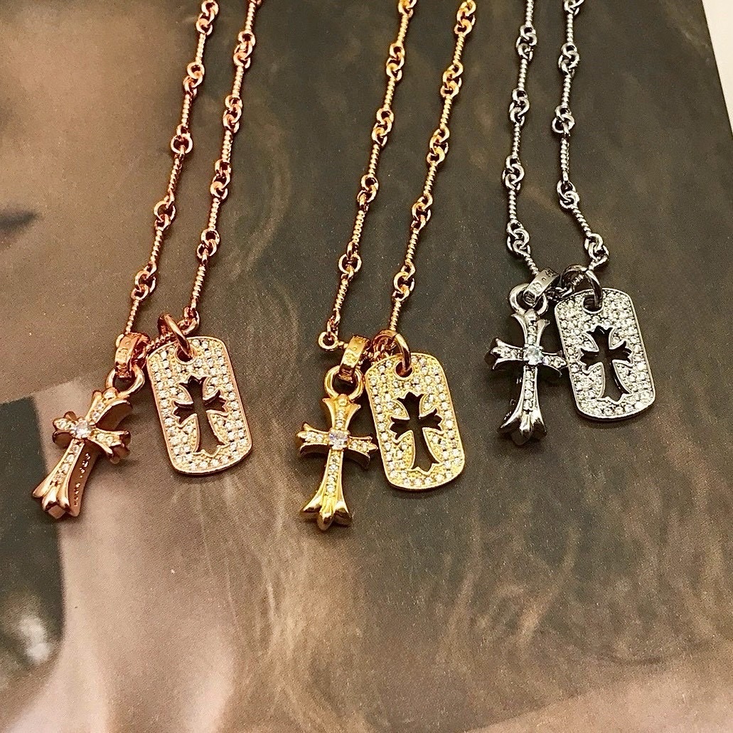 18k”Chrome雙十字架墜鏤空牌”雙面高奢定製項鍊