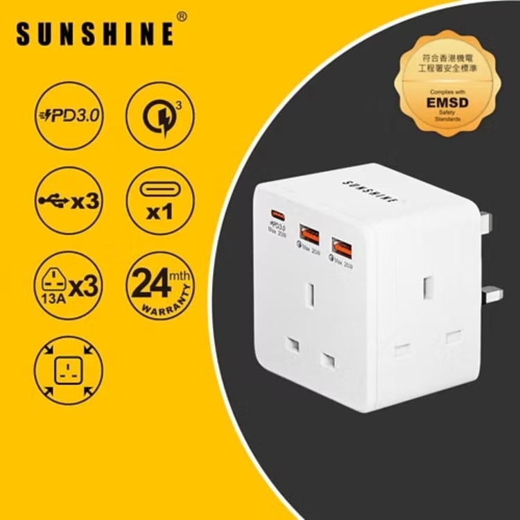 SUNSHINE MPD-3 Multi Plug Adaptor 3-Gang + USB PD20W Max. (2A1C)