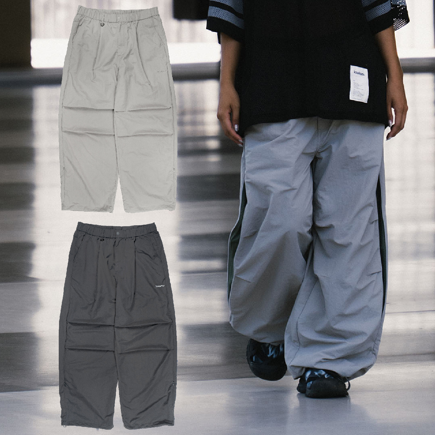 idealism Zipper N.Pants 深灰 淺灰 寬褲 工裝褲 降落傘褲【ID25073】