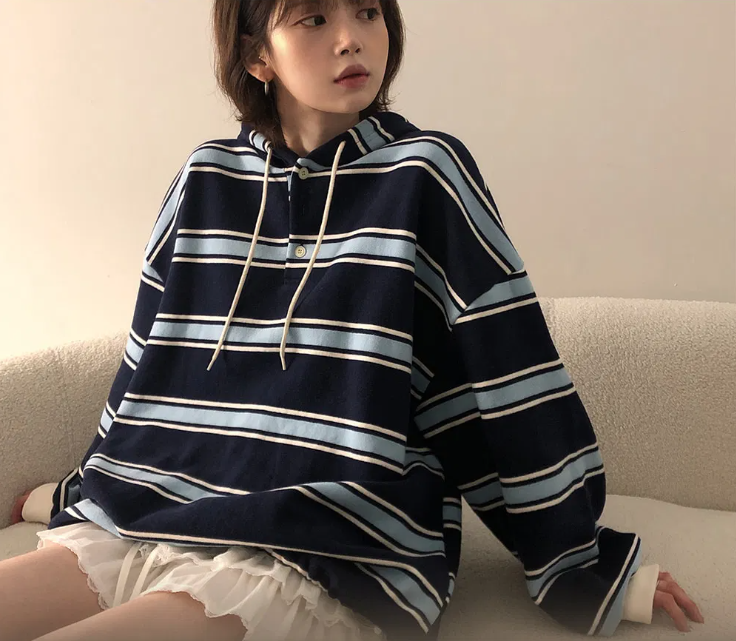 早秋預訂｜Kubi Overfit Multi-Striped Button Fleece Hoodie