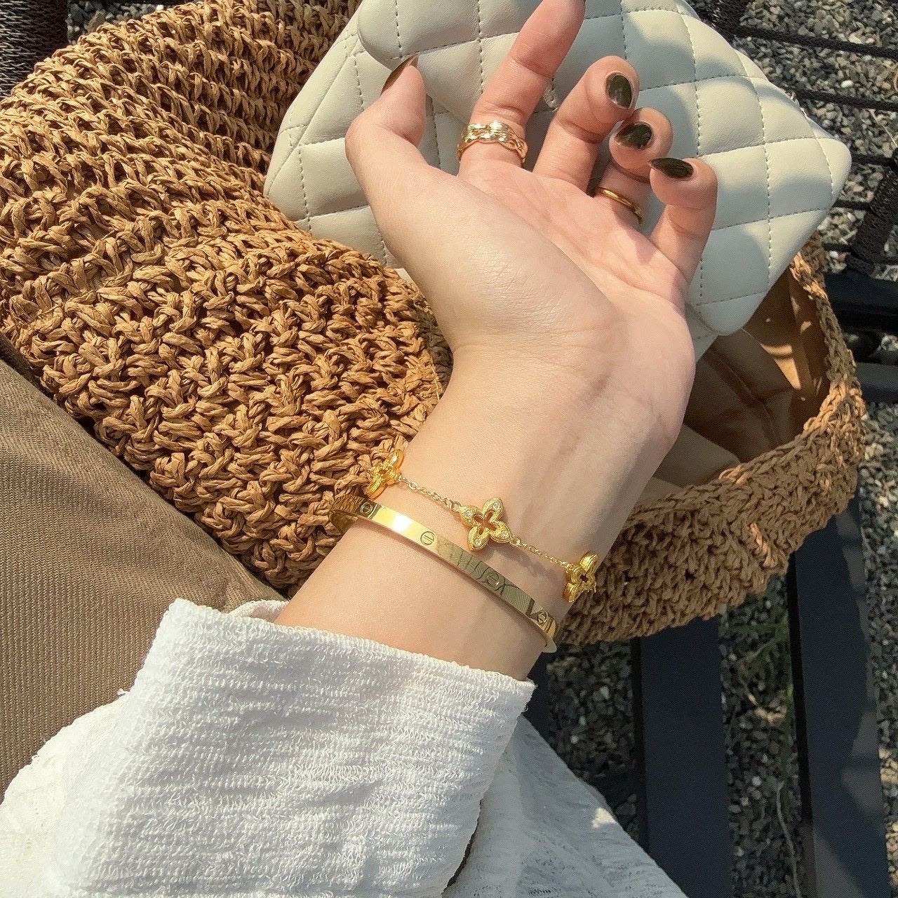 Gy’vintage新中式拉絲老花”中古點鑽抽拉圓珠手鍊