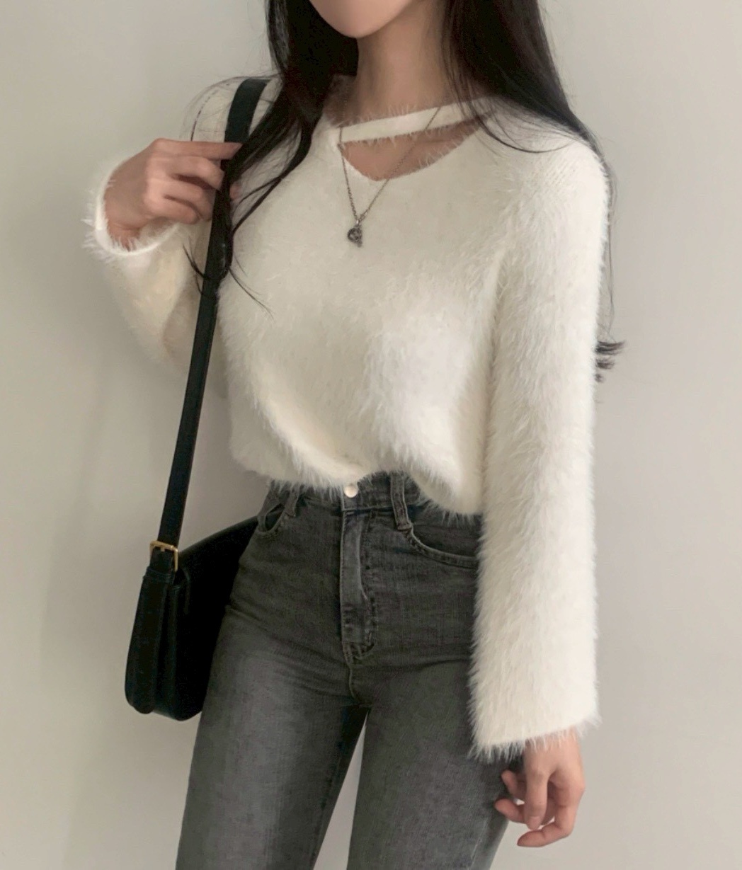 領斜槓水貂毛短版針織衣