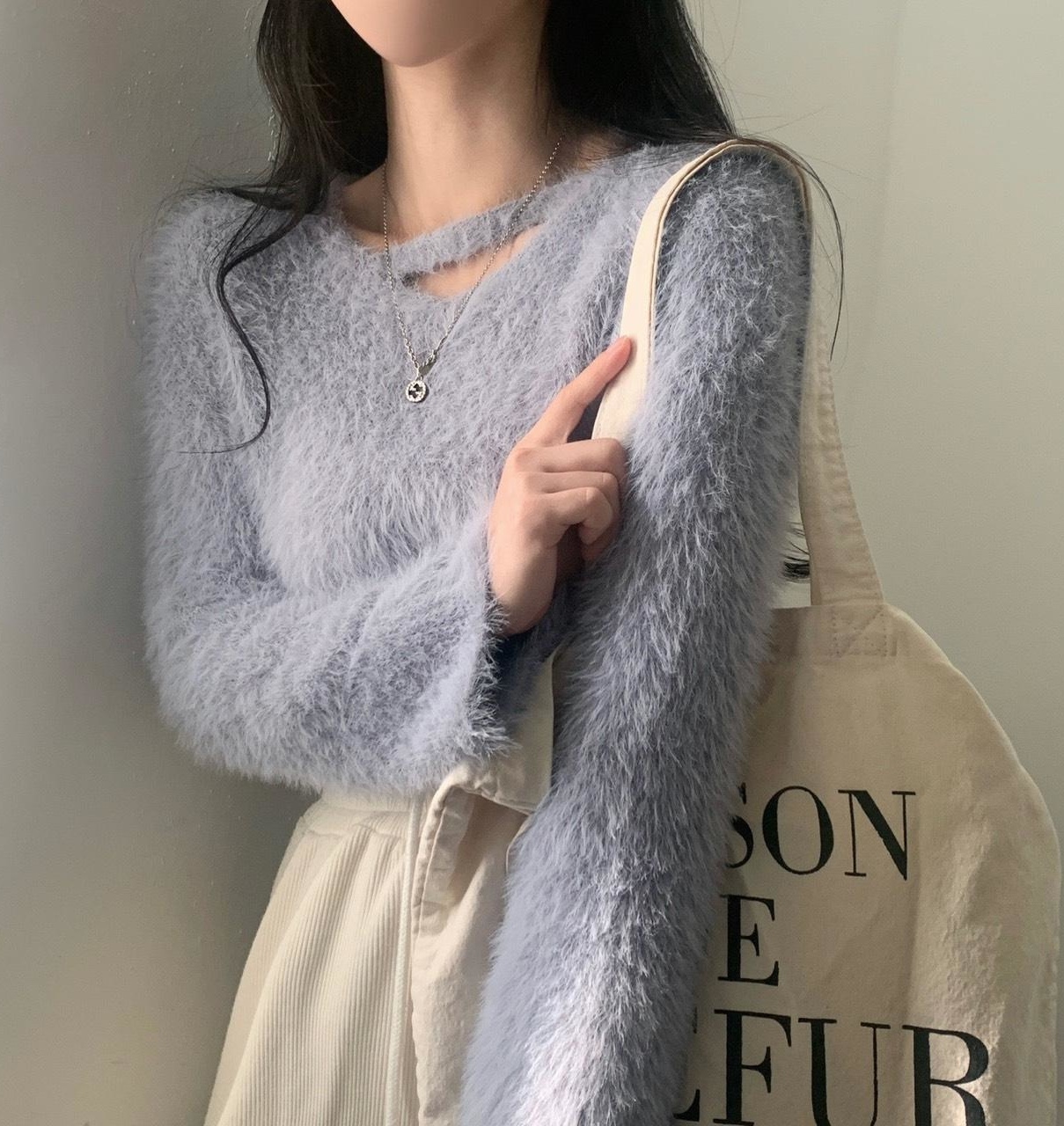 領斜槓水貂毛短版針織衣