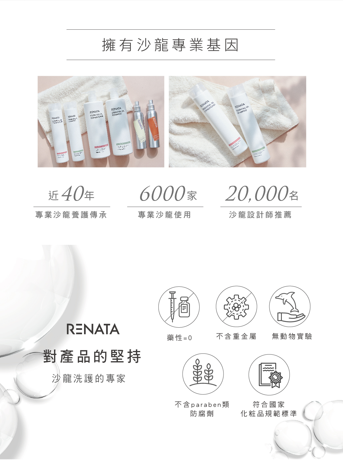 擁有沙龍專業基因,近40年,專業沙龍養護傳承,6000家專業沙龍使用,20000名沙龍設計師推薦,RENATA,對產品的堅持,沙龍洗護的專家